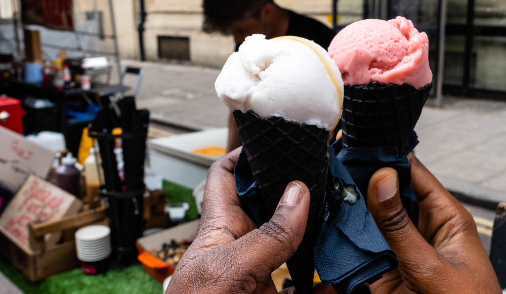 Jonny's Dairy Free Ice-cream at Trowbridge Weavers Market: Coconut and strawberry flavour in black cones